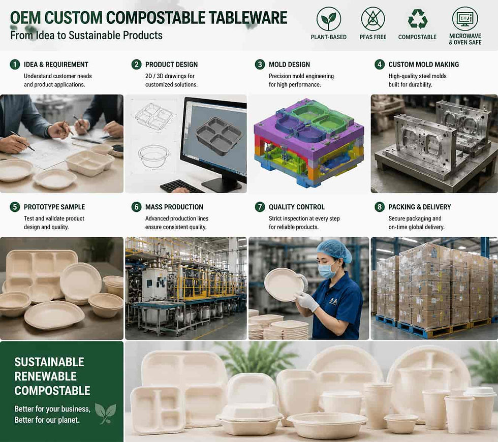 OEM bagasse tableware development process from product design custom mold prototype to mass production