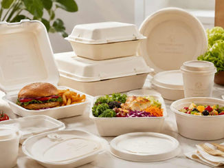 Molded Fiber Packaging made from sugarcane bagasse including food containers plates bowls and takeaway boxes