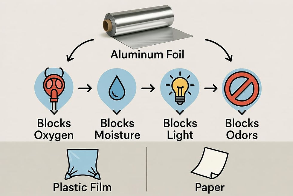 Barrier properties of aluminum foil against oxygen, moisture, and light
