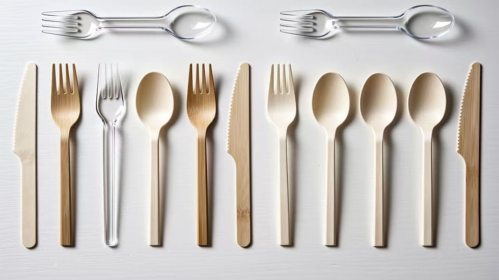 A photo of two rows of disposable cutlery on a white background. Top row: two clear plastic sporks. Bottom row, left to right: wooden knife, wooden fork, clear plastic fork, wooden spoon, wooden fork, wooden knife, wooden fork, three wooden spoons, wooden knife. The arrangement contrasts plastic and wooden eco-friendly utensils.