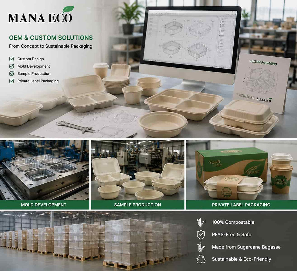 OEM private label bagasse tableware manufacturing with customized molds and product development services