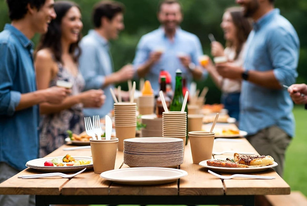 Eco-friendly disposable tableware neatly arranged for a backyard party.