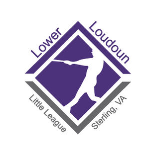 Lower Loudoun Little League logo in purple and gray. Diamond with baseball player inside