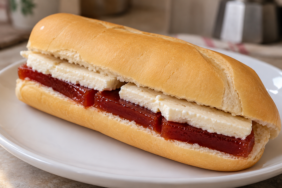 Pan con timba preparado con pan cubano, dulce de guayaba y queso blanco sobre un plato blanco.