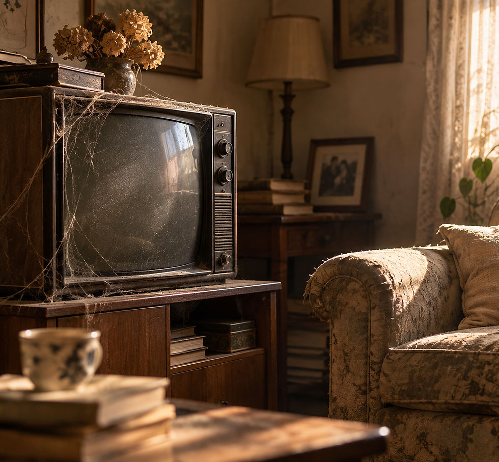Televisor antiguo cubierto de polvo junto a un sofá envejecido en una habitación iluminada por luz natural.