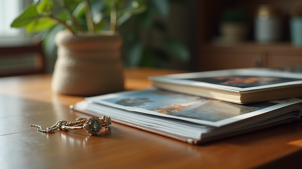Eye-level view of a wooden table with personalized jewelry and photo books