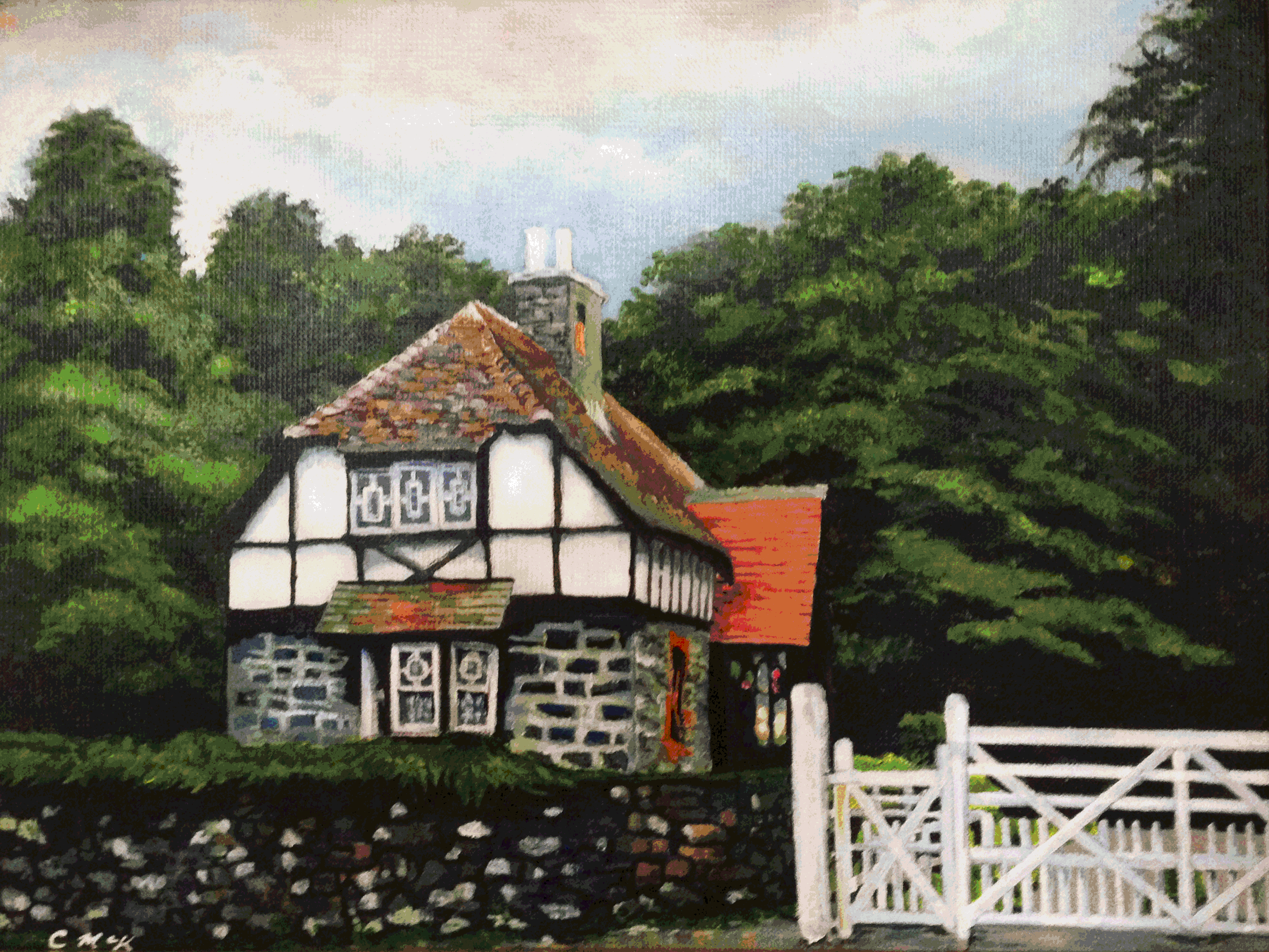 A colourful rendering of a gatehouse close to Tullymore Forest in County Down, Northern Ireland.