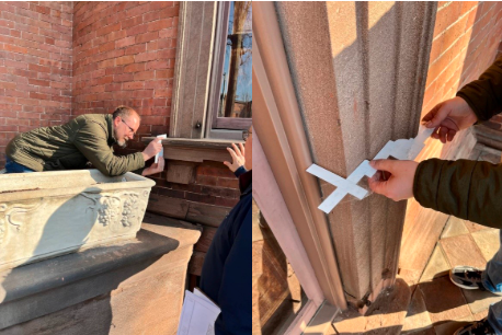 Draftsmen measuring the current brownstone detailing at Lippitt House prior to restoration.