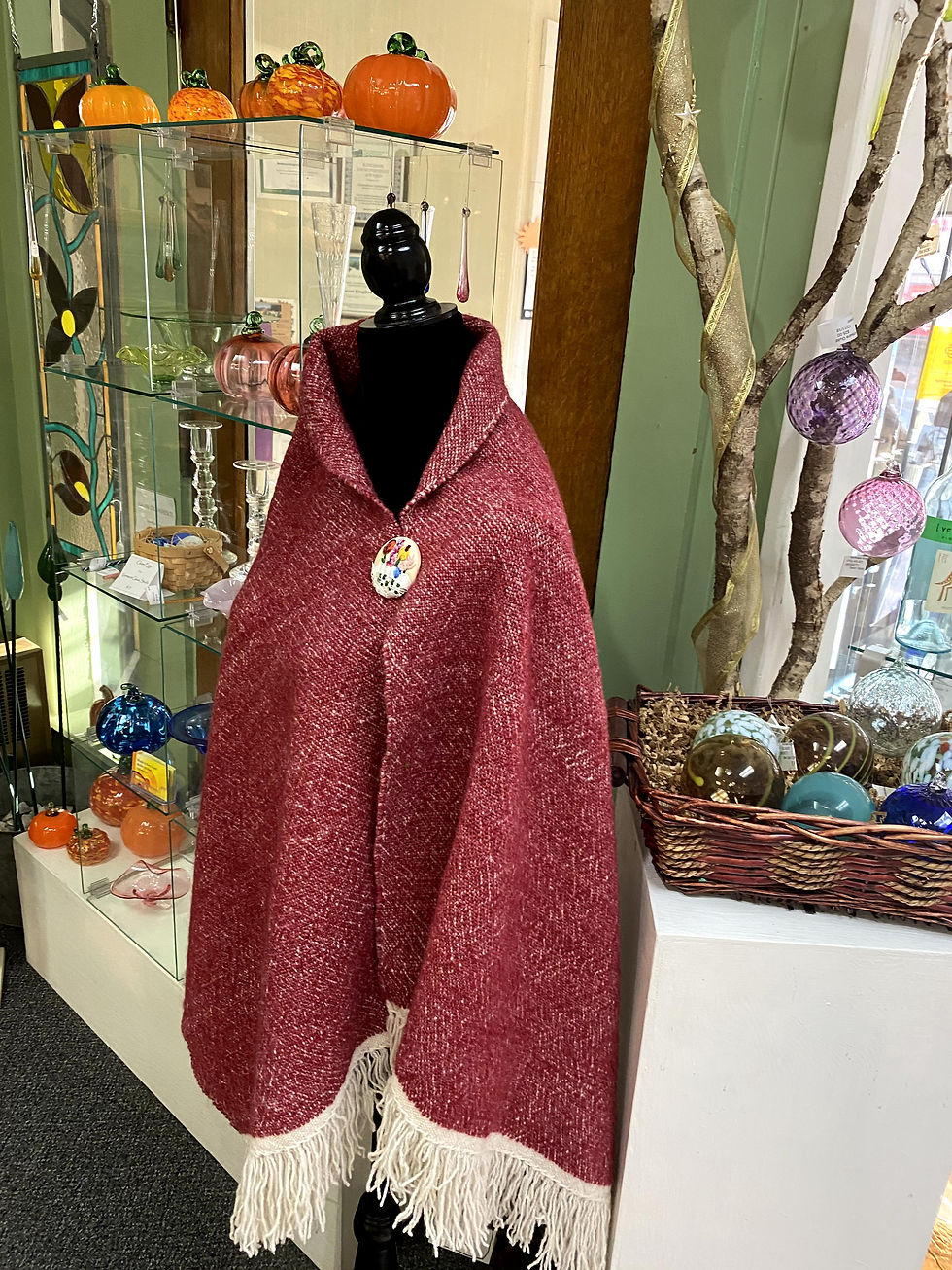 Thumbnail: Merino & Silk Red Handwoven and Handspun Poncho with Hand Embroidered Button