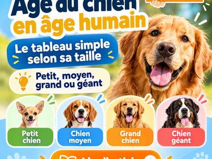 Âge du chien en âge humain : visuel JO & DOG avec un Golden Retriever et quatre races de chiens illustrant les différentes catégories de taille.