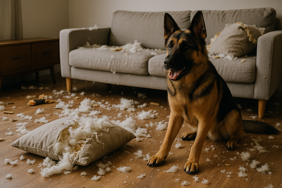 Berger allemand assis dans un salon saccagé, entouré de coussins éventrés et de mousse au sol, illustrant le comportement destructeur d’un chien laissé seul à la maison.