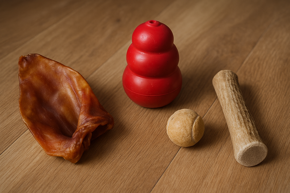 une oreille de porc, un jouet kong et des jouets d'occupations