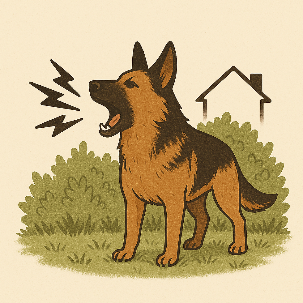 Dessin de chien de race berger allemand entrain d'aboyer dans le jardin d'une maison