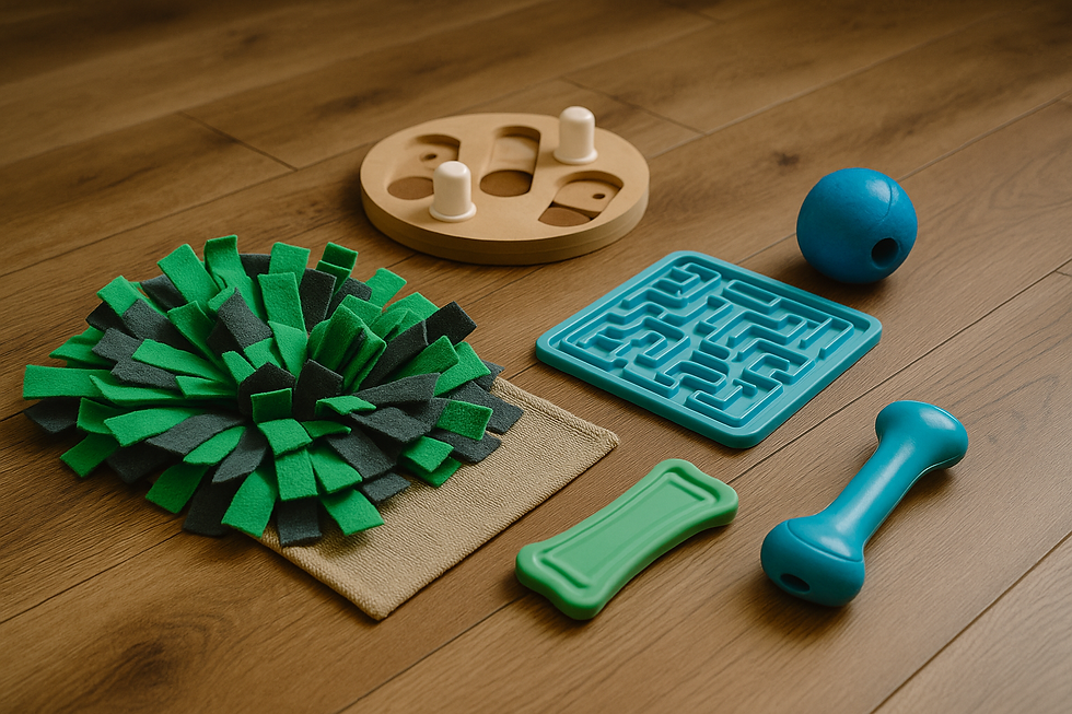 un tapis de fouille vert, et des jouets de stimulations pour chien