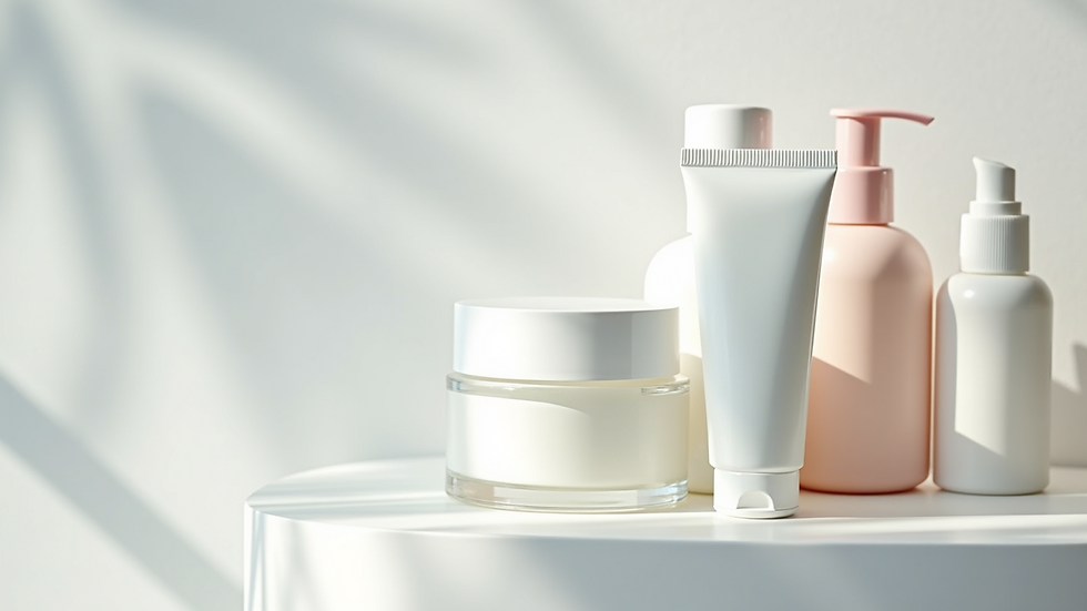 Close-up view of various face skin care items arranged on a white surface