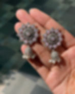 Swarna Jhumki - handcrafted silver-look-alike floral dangler earrings with pearls and artificial stones, made in India