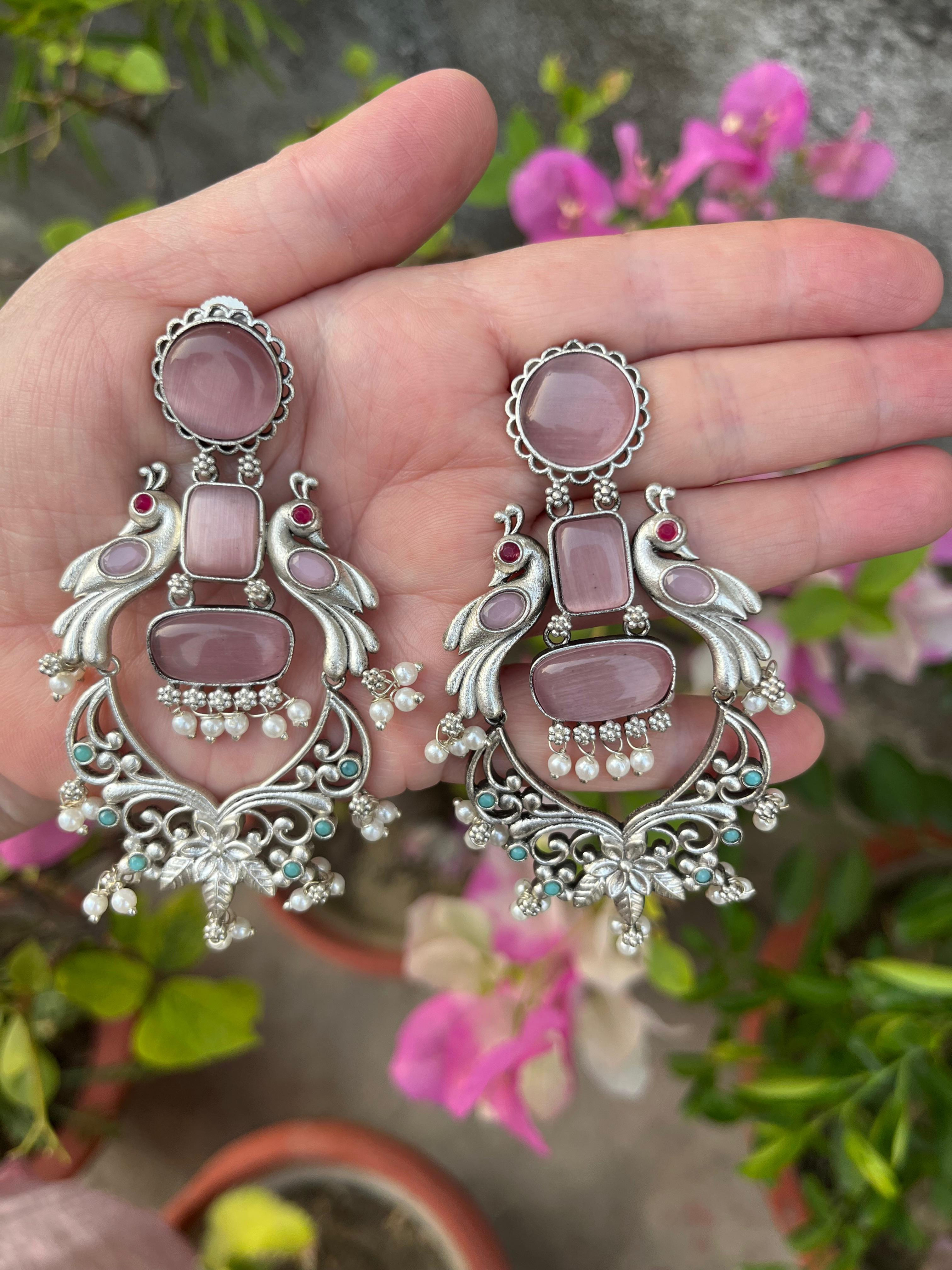 Ghoomar Jhumki - handcrafted long silver-look-alike dangler earrings with white pearls and artificial stones