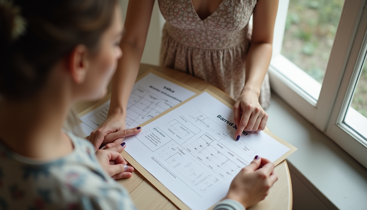 High angle view of a wedding stylist reviewing budget sheets with a client