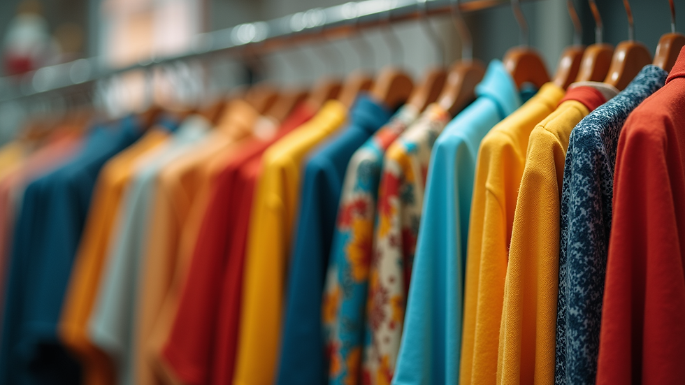 Eye-level view of a clothing rack with colourful outfits arranged by style