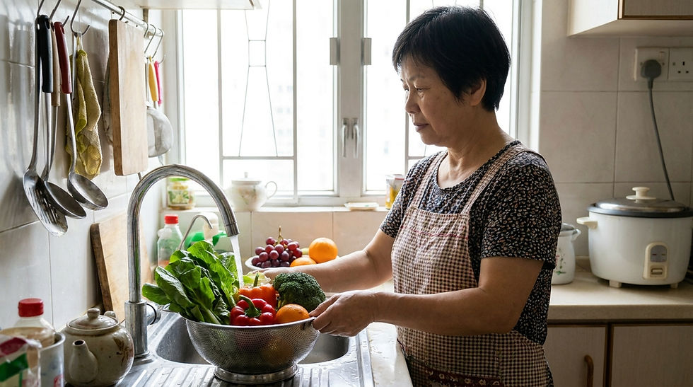 長者在家中廚房準備高纖蔬菜及水果,畫面明亮