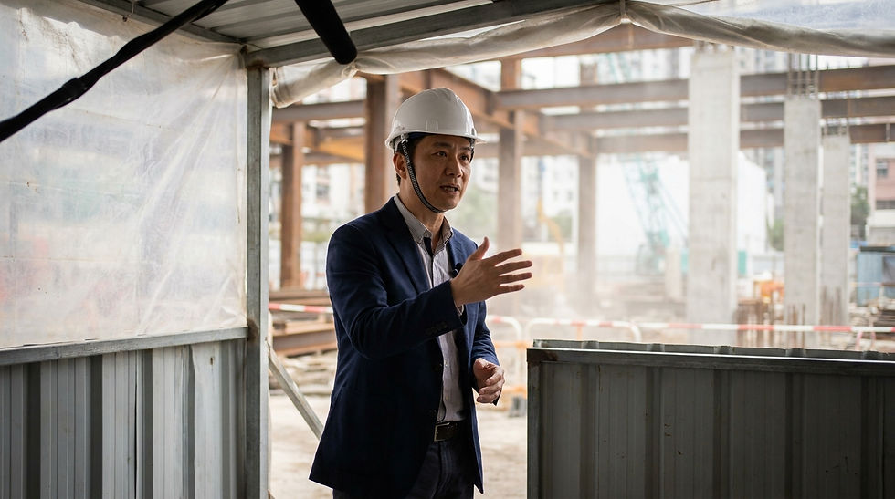 建造工程業企業影片製作案例訪談 — 工程項目經理在地盤現場接受企業影片拍攝團隊訪談