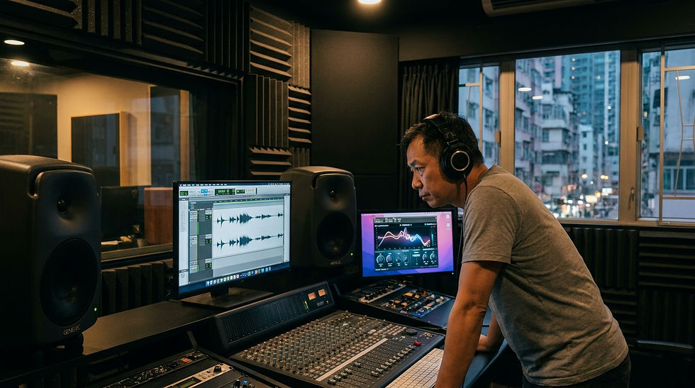 香港AI影片後期製作 — 後期製作公司的音頻工程師以AI音頻增強工具修復香港企業影片現場錄製的環境噪音