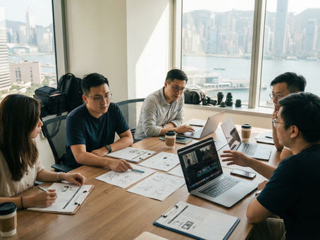 香港影片製作前期策劃會議場景，專業製作團隊於辦公室內檢視分鏡圖、拍攝計劃及剪接畫面，展示影片製作前期規劃流程