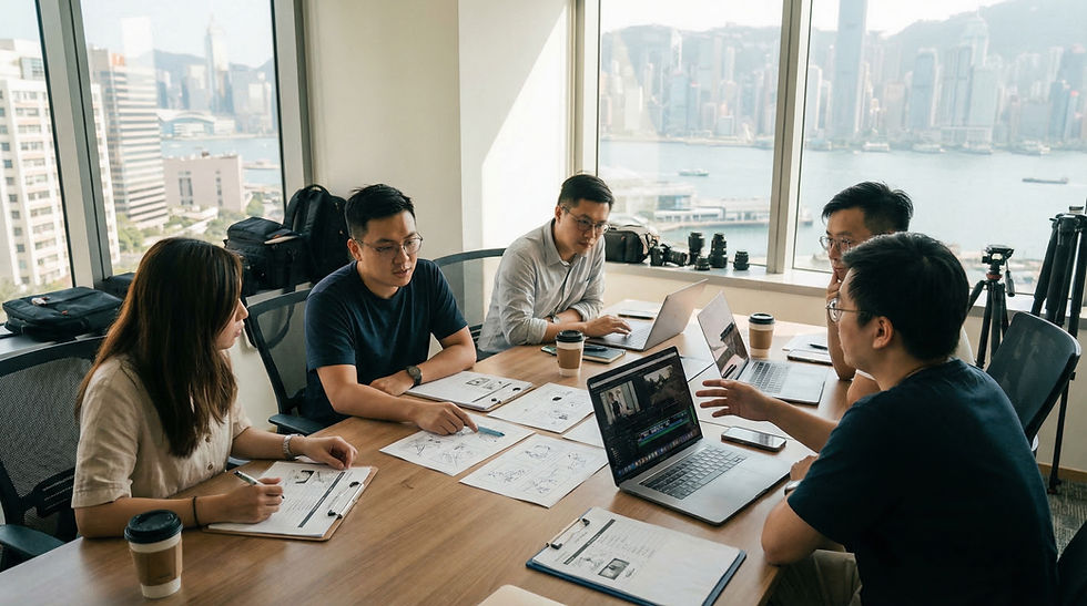 香港影片製作前期策劃會議場景,專業製作團隊於辦公室內檢視分鏡圖、拍攝計劃及剪接畫面,展示影片製作前期規劃流程