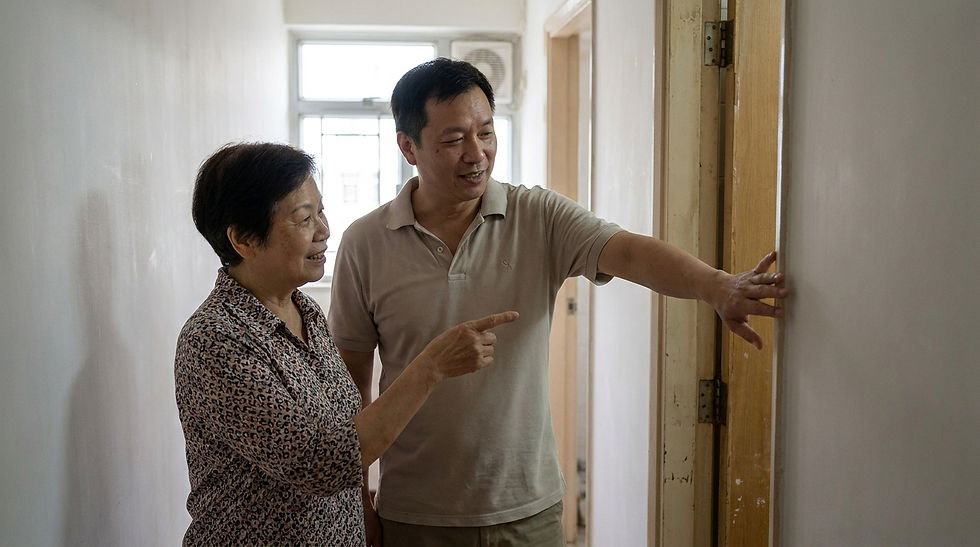 長者與家人在家中商討浴室加裝扶手的申請安排