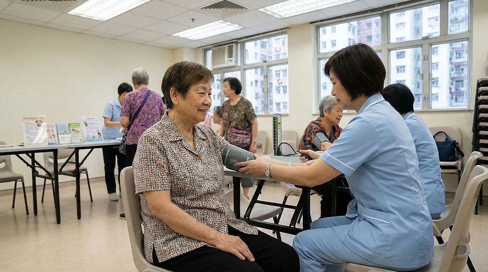 定期體檢項目 香港 — 長者在社區健康站接受護士血壓測量