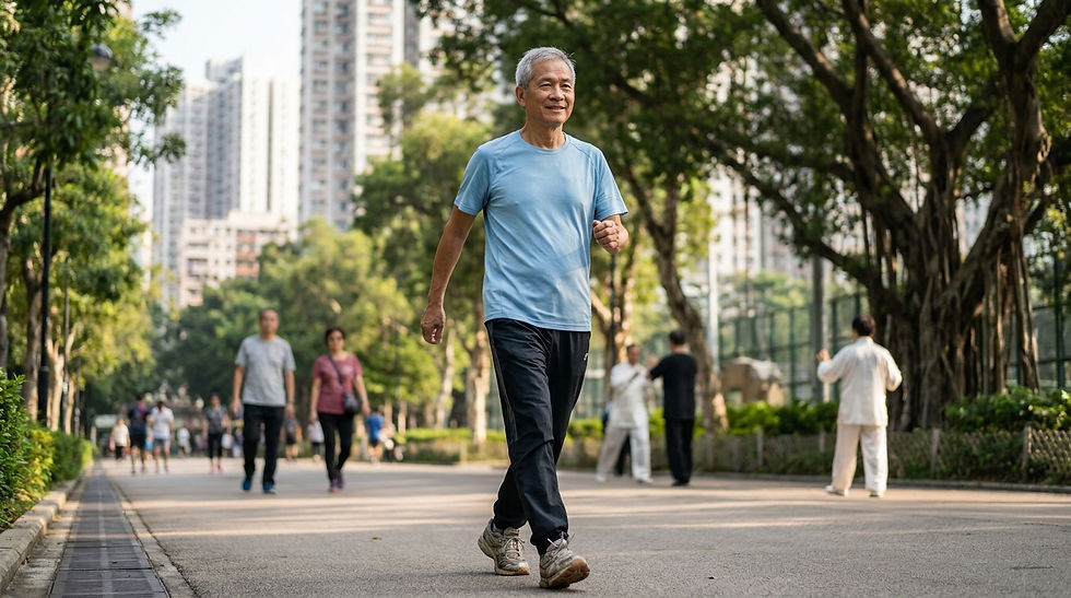 前列腺問題 香港 — 中老年男士在香港公園做健步行鍛煉身體