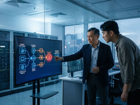 Cuson Imagity IT 安全總監與影像製作人正在香港企業進行 AI 影片製作數據安全審核,防止專利 CAD 模型與品牌資產外洩。