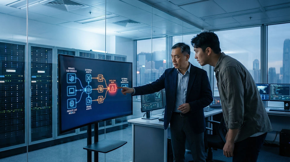 Cuson Imagity IT 安全總監與影像製作人正在香港企業進行 AI 影片製作數據安全審核,防止專利 CAD 模型與品牌資產外洩。