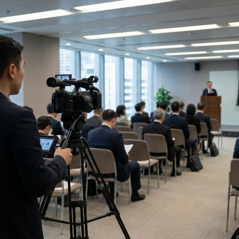 企業股東大會影片製作 — 拍攝團隊在會議廳後方低調架設攝影機記錄股東大會議程
