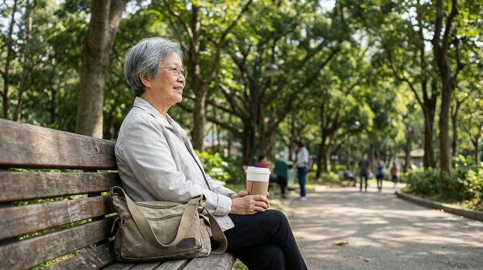 長者獨遊 香港 — 長者女士一個人在台北大安森林公園長椅上休息看風景