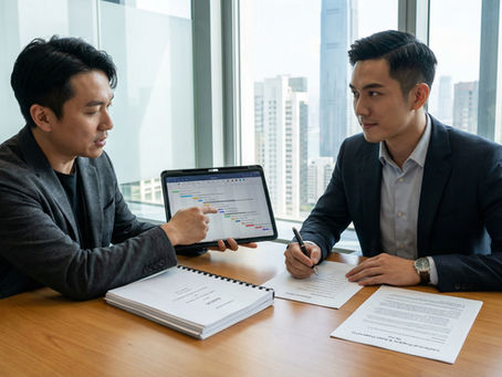 影片製作公司 創意總監與香港客戶在辦公室核對專案時程與資產所有權條款。