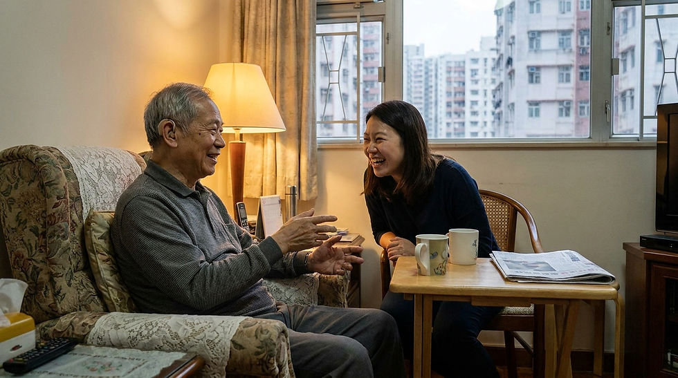 聽力退化 香港 — 中老年男士在香港家中佩戴助聽器與家人交流