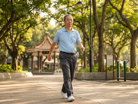中老年步行運動 香港 — 中老年男士在香港公園快步晨運