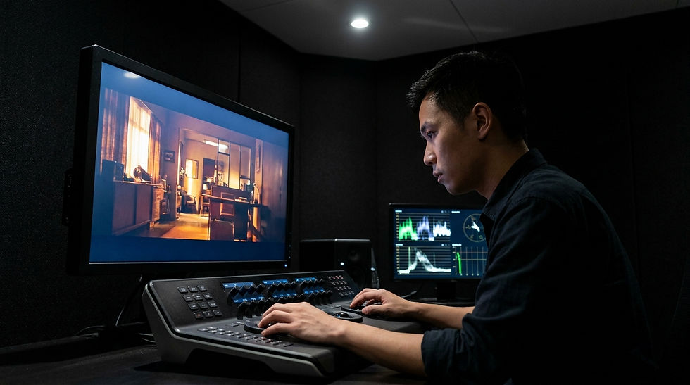 香港廣告影片後期製作調色工序,調色師使用專業監視器對廣告影片進行色彩校正