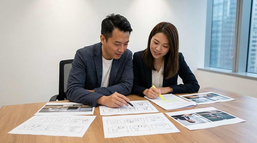 香港形象影片拍攝前準備 — 製作導演與企業代表在辦公室核查形象影片腳本與拍攝計劃