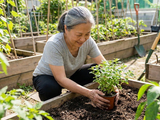 退休後身份重塑 香港 — 退休女士在社區園圃彎腰照料自己種植的盆栽,雙手沾有泥土