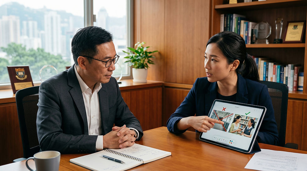 Cuson Imagity 影像顧問在香港學校會議室與校長探討學校影片拍攝常見錯誤，強調人文互動的重要性。