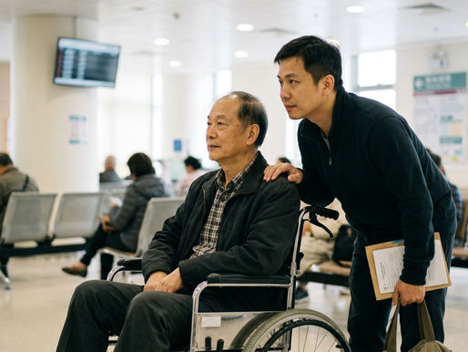 長者在醫院急症室候診區,家人在旁陪伴,神情關注