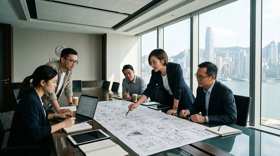 香港企劃團隊在會議室針對 電視節目式內容製作 進行單元腳本與分鏡設計。