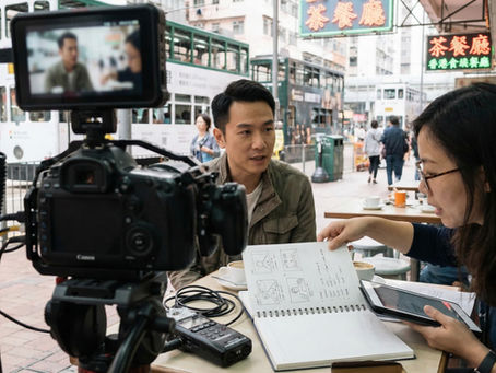 香港企業影片拍攝現場，攝影機正在錄製街頭咖啡店訪問，同時導演展示分鏡與內容規劃，呈現企業影片內容元素中的目標、受眾與訊息設計