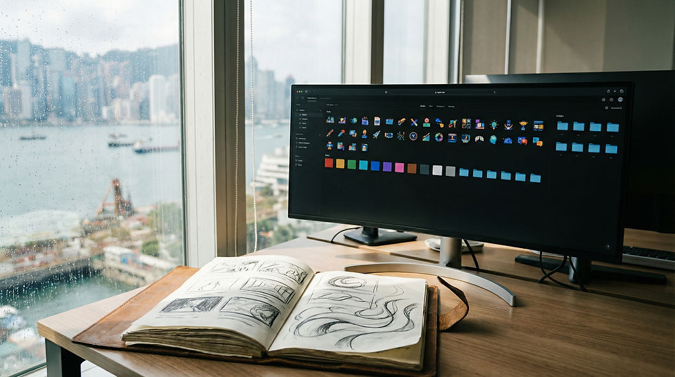 香港專業製作室桌面擺放著分鏡草圖本，背景螢幕顯示結構化的企業數位資產管理介面，體現初次拍攝企業影片應如何準備資料與素材。