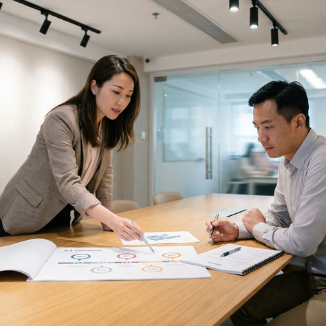 影片製作分期付款 — 香港製作公司業務代表向企業客戶說明里程碑分期付款結構”