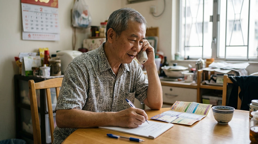 活躍樂齡資源 香港 — 長者在家中致電長者中心查詢區內活動及班別,並記下要點