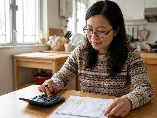 外傭薪金及開支 香港 — 香港中年女士在家中查看外傭薪金及開支計算表