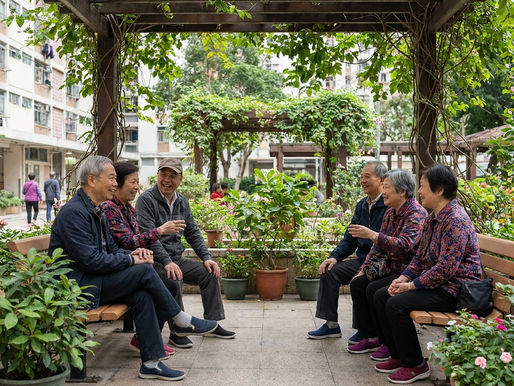 長者在長者屋苑的公共休憩空間與其他住戶聊天,氣氛輕鬆